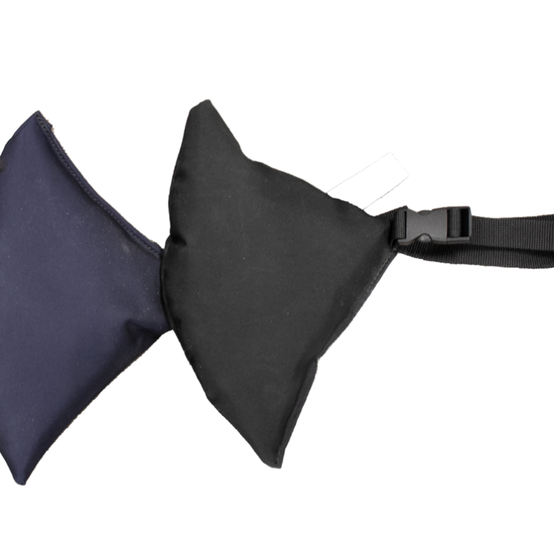 Two triangular sandbags with adjustable straps on a transparent background.